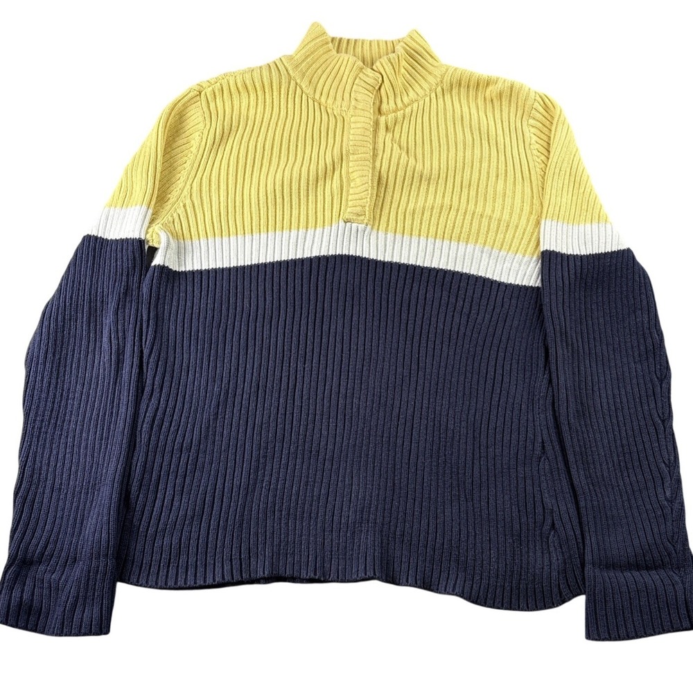Liz Claiborne Yellow Navy Block Snap Mock Neck Knit Sweater Women‎ XL 100%cotton
